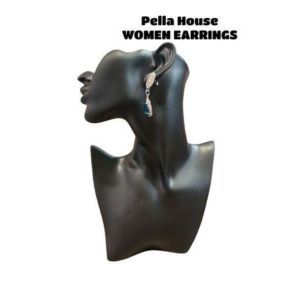 Silver Tone Gatsby Flapper Peacock Zircon Rhinestone Pear Earrings AQUA BLUE - Picture 3 of 3